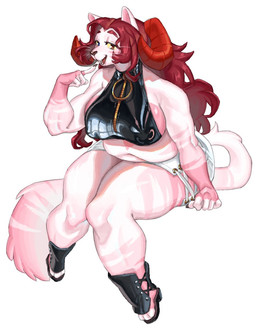 3_toes 5_fingers anthro bare_shoulders belly big_breasts black_boots black_clothing black_footwear blue_eyes boots bottomwear breasts brown_nose clothed clothing eyebrows feet female fingers fluffy fluffy_tail footwear fur gesture hair hand_gesture heterochromia horn huge_breasts knock-kneed latex latex_clothing long_hair looking_at_viewer navel nipple_outline open_mouth pink_body pink_fur pointing pointing_at_self red_eyebrows red_eyes red_hair red_horn shoes side_boob simple_background sitting skirt slightly_chubby slightly_chubby_female smile solo tail teeth thick_eyebrows thick_thighs toeless_boots toeless_footwear toes whiskers white_background white_body white_bottomwear white_clothing white_fur white_skirt yellow_sclera zipper ineedmoney1216 felid feline hybrid mammal species_request character_request