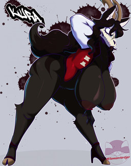 anthro areola bent_over big_areola big_breasts big_butt black_hair bone bottomless breasts butt clothed clothing female footwear hair hanging_breasts high_heels huge_breasts jacket jacket_only long_hair nipple_piercing nipples open_clothing open_jacket open_topwear piercing shoes skull skull_head solo thick_thighs topwear topwear_only damianvertigo scp_foundation scp-1471-a canid malo mammal hi_res
