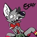 anthro apologetic apology bell bodily_fluids bow_tie cammo clothing cum footwear fur genital_fluids genitals gloves grey_body grey_fur handwear male penis purple_background red_clothing simple_background socks solo sorry toony underwear canid canine canis mammal wolf 1:1 digital_drawing_(artwork) digital_media_(artwork)