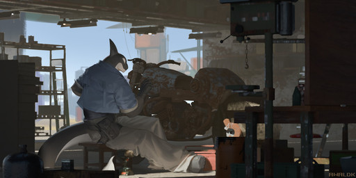 anthro black_body blue_clothing blue_topwear bottomwear clothed clothing fin grey_bottomwear grey_clothing grey_pants head_fin male male_anthro mechanic motorcycle mouth_closed pants sitting solo topwear vehicle white_body workshop awaldkize aquatic cetacean dolphin mammal oceanic_dolphin orca toothed_whale absurd_res hi_res