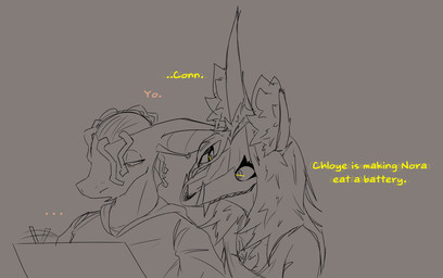 anthro bone chest_tuft cracked_skull duo female hair inner_ear_fluff male messy_hair missing_ear pointy_ears skull text tuft heyimflame scp_foundation conn_(heyimflame) mal_(heyimflame) scp-1471-a aquatic canid canine fish mammal shark hi_res sketch