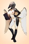 abs anthro athletic athletic_anthro athletic_female beak big_breasts black_beak black_body black_feathers breasts clipboard countershading eyewear feathered_wings feathers female front_view genitals glasses holding_clipboard holding_object jewelry long_neck navel necklace nipples non-mammal_breasts non-mammal_navel non-mammal_nipples nude pink_nipples pussy red_eyes round_glasses short_tail simple_background slim slim_anthro slim_female smile solo standing tail tail_feathers white_body white_countershading white_feathers wings necroizu aino_ikalainen avian bird common_loon hi_res