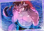 abs anthro black_hair blush clothing grey_body grey_scales hair horn long_hair looking_at_viewer male muscular muscular_anthro muscular_male open_mouth partially_submerged pecs photographing scales sharp_teeth smile solo speedo swimming_pool swimwear tail teeth sumiwohakuneko lifewonders mythology tokyo_afterschool_summoners fuxi_(tas) dragon mythological_creature mythological_scalie scalie