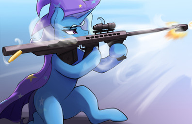 anti-materiel_rifle barrett_.50cal blue_body cape clothing cutie_mark female feral gun hat headgear headwear holding_gun holding_object holding_ranged_weapon holding_rifle holding_weapon horn narrowed_eyes purple_cape purple_clothing purple_eyes purple_hat purple_headwear ranged_weapon rifle smoke solo weapon czu barrett friendship_is_magic hasbro my_little_pony mythology trixie_(mlp) equid equine mammal mythological_creature mythological_equine unicorn 2026 absurd_res hi_res