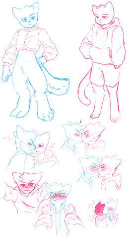 blush blush_lines bomber_jacket bottomwear clothing deadpan grumpy hoodie kiss_on_lips kissing looking_at_another shorts tension topwear duskari7 canid canine felid feline mammal hi_res sketch