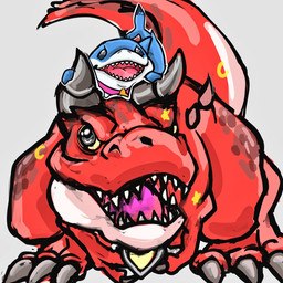 blue_body claws collar duo feral horn male red_body red_scales scales sharp_teeth size_difference smile teeth omoiyaru3 marvel marvel_rivals moon_girl_and_devil_dinosaur devil_dinosaur_(moon_girl_and_devil_dinosaur) jeff_the_land_shark aquatic dinosaur fish prehistoric_species reptile scalie shark