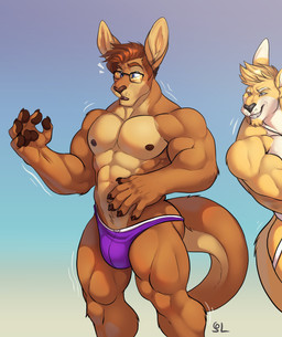 abs anthro attribute_theft brown_hair bulge clothed clothing duo evil_grin eyewear glasses hair jockstrap male male/male muscular muscular_anthro muscular_male muscular_thighs nipples pecs purple_clothing purple_speedo purple_swimwear size_theft smile speedo speedo_only surprised swimwear tail topless topless_anthro topless_male transformation underwear wearing_glasses solaxe_(artist) dangaroo solaxe kangaroo macropod mammal marsupial absurd_res hi_res