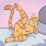 3_toes anthro areola arm_support bed bedding bedroom bedroom_eyes belly belly_blush bent_arm bent_legs big_areola big_breasts big_butt big_eyes big_nipples biped black_eyebrows blue_bedding blue_pillow blush body_blush breasts butt cheek_tuft eyebrows eyelashes facial_markings facial_tuft feet female fingers fur fur_tuft furniture genitals glistening glistening_belly glistening_body glistening_breasts glistening_fur glistening_nipples glistening_shoulders green_eyes green_sclera half-closed_eyes hand_on_cheek hand_on_face hand_on_head hand_on_leg hand_on_own_cheek hand_on_own_face hand_on_own_leg hand_on_own_thigh hand_on_thigh head_markings humanoid_hands inside iris leaning_on_elbow light_body light_fur long_eyelashes looking_at_viewer lying lying_on_bed markings mature_anthro mature_female mouth_closed narrowed_eyes navel nipples no_pupils nude nude_anthro nude_female on_bed one_leg_up orange_body orange_breasts orange_ears orange_fur orange_stripes orange_tail pawpads pillow pink_background pink_blush pink_nose pink_pawpads plantigrade pointy_ears pose presenting presenting_pussy prick_ears pussy raised_eyebrow raised_leg raising_leg red_areola red_nipples resting_on_arm seductive simple_background slightly_chubby slightly_chubby_anthro slightly_chubby_female smile smiling_at_viewer smirk smirking_at_viewer solo spread_legs spreading striped_arms striped_body striped_face striped_fur striped_legs striped_markings striped_tail stripes tail tail_markings thick_thighs three-quarter_view toes tuft wide_hips joalmidon litterbox_comics fran_(litterbox_comics) domestic_cat felid feline felis mammal tabby_cat 2025 digital_drawing_(artwork) digital_media_(artwork) hi_res