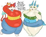 2_tails anthro belly big_belly big_breasts blue_body bottomwear breasts candy chocolate chocolate_bar cleavage clothed clothing collar crossgender crumbs dessert dialogue duo female food green_clothing green_eyes green_topwear ice_cream markings multi_tail overweight overweight_female pants pose red_body shorts simple_background sparkles tail thick_thighs topwear white_body yellow_clothing yellow_eyes yellow_topwear blitzyflair asian_mythology east_asian_mythology japanese_mythology level-5 mythology yo-kai_watch jibanyan komasan canid canine canis domestic_cat domestic_dog felid feline felis foo_dog komainu mammal spirit yokai absurd_res hi_res