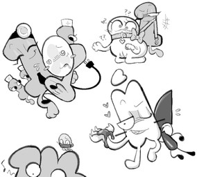 bdsm bodily_fluids bondage bound collar drooling female genitals grin group knife male not_furry saliva slime smile vulva clockstops3am conditional_dnp battle_for_dream_island object_shows one_(bfdi) algebralian animate_inanimate greyscale hi_res monochrome