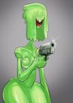 breasts collarbone featureless_crotch female front_view fused_fingers glistening goo-connected_lips goo_hair green_body green_hair grey_background gun hair handgun holding_gun holding_object holding_ranged_weapon holding_weapon humor long_neck monster_girl_(genre) natural_breasts nipples not_furry nude open_mouth open_smile pistol pseudo_hair ranged_weapon simple_background slime small_breasts small_eyes small_waist smile solo sparkles standing thick_thighs toony weapon wide_hips yellow_sclera derek_hetrick delet_this slime_girl_(derek_hetrick) goo_creature goo_humanoid humanoid 2018 digital_drawing_(artwork) digital_media_(artwork) meme portrait reaction_image three-quarter_portrait