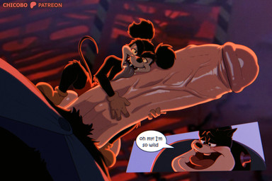 anthro anthro_on_anthro big_penis black_body black_fur black_nose bodyjob buckteeth dialogue erection fur genitals glans humanoid_genitalia humanoid_penis interspecies larger_anthro larger_male licking long_tongue macro male male/male micro open_mouth oral penile penis penis_lick pubes sex size_difference smaller_anthro smaller_male speech_bubble tan_body tan_fur teeth text thick_penis tongue tongue_out vein veiny_penis chicobo disney runaway_brain julius_(runaway_brain) mickey_mouse domestic_cat felid feline felis mammal monster mouse murid murine rodent 2025 3:2 english_text