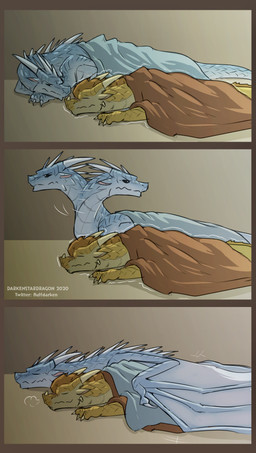 3_toes ambiguous_gender back_spines bedding black_sclera blanket blue_body blue_ears blue_scales border breath claws cuddling double_take duo eyes_closed facial_horn facial_scar feet feral frill_(anatomy) gesture grumpy head_crest head_frill head_spikes horn hug looking_at_another lying lying_on_ground male male/male membrane_(anatomy) membranous_wings multicolored_body neck_spikes nose_horn on_ground romantic romantic_couple scales scar shaking shivering simple_background sleeping smile spikes spikes_(anatomy) tail talons tan_background tan_body tan_border tan_scales toes using_wings white_body white_scales wing_claws wing_hug wings yellow_body yellow_ears yellow_scales darkenstardragon mythology wings_of_fire qibli_(wof) winter_(wof) dragon icewing_(wof) mythological_creature mythological_scalie sandwing_(wof) scalie hi_res male_(lore)