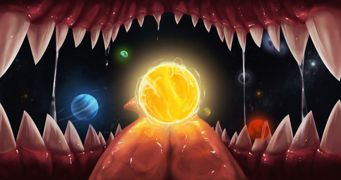 ambiguous_gender bodily_fluids destruction earth inside_mouth macro macro_pred mouth_shot object_vore open_mouth planet planet_destruction planet_vore saliva saliva_string sharp_teeth solo space star sun teeth terra_macro vore tallion capcom monster_hunter grev_(greviste) flying_wyvern tigrex hi_res