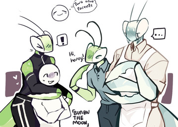 4_arms ambiguous_gender ambiguous_human antennae_(anatomy) anthro apron black_clothing black_jacket black_legwear black_topwear blue_clothing blue_shirt blue_topwear blush clothing collar_shirt embarrassed female flat_chested green_body group happy hug human_on_anthro interspecies introducing_another jacket larger_anthro legwear male male/female multi_arm multi_limb romantic romantic_couple shirt simple_background size_difference smaller_human strapless_clothing topwear bunonthemoon anon sage_(bunonthemoon) arthropod human insect mammal mantis comic daughter_(lore) father_(lore) mother_(lore) parent_(lore)