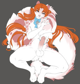 anthro balls bell blue_claws blue_eyes claws collar erection fur genitals hair heterochromia humanoid_genitalia long_hair long_tail looking_at_viewer male markings orange_hair penis pink_body pink_fur purple_eyes solo spots spotted_body spotted_fur tail white_body white_fur accelo accelo_(character) felid mammal pantherine snow_leopard hi_res