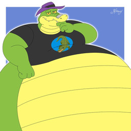 anthro belly big_belly clothing green_body hat headgear headwear huge_belly male obese obese_male overweight overweight_male shirt simple_background solo topwear nitemarearan starwolfdragon brok_the_investigator cowcat_games brok_(brok_the_investigator) alligator alligatorid crocodilian reptile scalie 2026