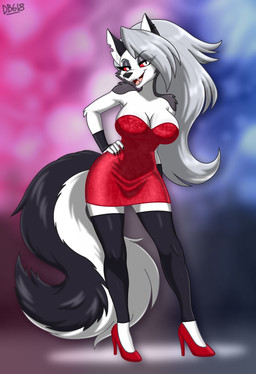 anthro bedroom_eyes big_breasts big_hair big_tail biped bisexual_lighting breasts clothed clothing cocktail_dress colored_nails dress ear_piercing ear_ring eyeshadow female female_anthro fingerless_gloves fluffy fluffy_tail footwear fur gloves hair hand_on_hip handwear high_heels leggings legwear looking_at_viewer makeup nails narrowed_eyes party piercing red_clothing red_dress red_nails red_sclera ring_piercing seductive shoes smile solo sparkles sparkling_clothing tail white_body white_fur dragonboy618 hellaverse helluva_boss mythology loona_(helluva_boss) canid canid_demon canine canis demon hellhound mammal mythological_canine mythological_creature digital_media_(artwork) hi_res signature