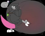 2024 avian balls balls_blush balls_on_leg big_balls black_body black_fur bloatable blush blush_lines bodily_fluids body_blush chocobo close_to_bursting cum final_fantasy fur genital_fluids genitals grey_speech_bubble gysahl_(bloatable) hi_res huge_balls hyper hyper_balls hyper_genitalia long_penis penis pink_blush poking poking_balls precum profanity speech_bubble square_enix