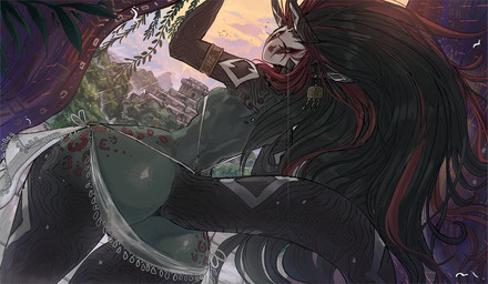 3_eyes anthro big_butt butt curvy_figure ear_piercing ear_ring facial_markings feet_up female green_body green_skin hair head_markings horn horn_markings jewelry markings mask multi_eye piercing red_hair ring_piercing solo tail voluptuous exobelos ixkan_(exobelos) demon scalie hi_res