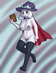 abstract_background anthro big_breasts book breasts camel_toe cape clothed clothing female hat headgear headwear horn legwear looking_at_viewer open_mouth open_smile pasties red_eyes smile solo thigh_highs thong topless underwear white_body witch_hat myssedakes undertale_(series) toriel boss_monster_(undertale) absurd_res hi_res