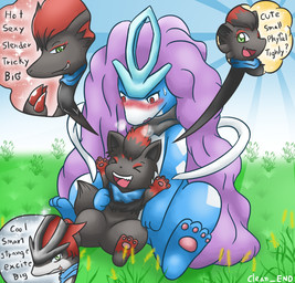 blush breath dialogue duo female grass male male/female panting plant speech_bubble text vavacung nintendo pokemon generation_2_pokemon generation_5_pokemon humanoid legendary_pokemon pokemon_(species) suicune zorua english_text