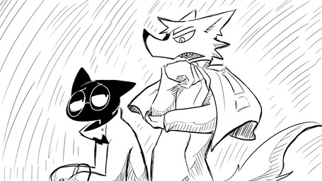 ambiguous_gender anthro bow_tie clothing coat duo eye_patch eyewear glasses lab_coat male oversized_sleeves sharp_teeth teeth thinking tired tired_eyes topwear dragonweirdo gytras_(dragonweirdo) kimera_(dragonweirdo) canid canine canis domestic_cat felid feline felis mammal wolf 16:9 comic hi_res monochrome widescreen