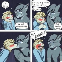 annoyed anthro apologetic black_clothing black_hair black_shirt black_topwear blonde_hair blue_eyes blush brown_eyes cheek_blush cheek_tuft clothing dialogue duo facial_tuft four_frame_image fur grey_body grey_fur hair hands_together hoodie kissing logo male male/male nervous open_mouth page_number panicking shirt smile smiling_at_another speech_bubble surprise_kiss text topwear tuft wide_eyed yelling yellow_body yellow_fur kriek_wildebeest jeremy_(kriek_wildebeest) tom_(kriek_wildebeest) border_collie canid canine canis collie domestic_dog herding_dog husky hybrid mammal nordic_sled_dog pastoral_dog sheepdog spitz wolf 1:1 artist_logo comic english_text hi_res multiple_scenes