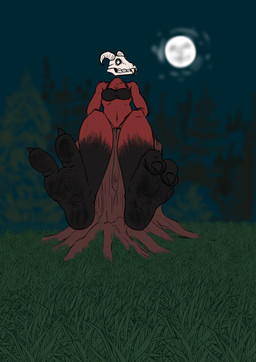 2_toes anthro black_nails bone clothed clothing colored_nails dirty dirty_feet feet female fire foot_focus log moon nails red_body red_skin simple_background skull soles solo toes wood nuclearcheshire eira_(ydnn) demon absurd_res hi_res