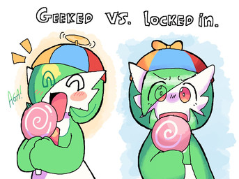 beanie candy clothing dessert female food hair hair_over_eye hat headgear headwear licking lollipop open_mouth open_smile propeller_hat smile text tongue tongue_out melfunnysmell nintendo pokemon gaba_(melfunnysmell) gardevoir generation_3_pokemon humanoid pokemon_(species) english_text