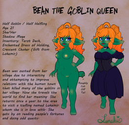 areola blue_eyes blush bottomwear breasts button_nose clothed clothing corset eyelashes female fingers freckled_face freckled_hips freckled_legs freckled_shoulders freckles genitals green_body green_skin hair lingerie long_eyelashes looking_at_viewer nipples not_furry nude pigtails pointy_ears red_hair simple_background skirt smile solo tail text thick_thighs topwear vulva lunalaimoonglow bean_the_goblin_queen goblin halfling humanoid mammal absurd_res artist_name clip_studio_paint_(artwork) colored digital_drawing_(artwork) digital_media_(artwork) english_description english_text hi_res huge_filesize model_sheet portrait signature