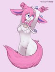 anthro areola blue_eyes breasts female fluffy fluffy_tail genitals gesture hair hand_gesture nipples pink_body pink_hair pokemorph pose profanity pussy simple_background smile solo tail text v_sign white_background white_body sylveonfuckoff nintendo pokemon eeveelution generation_6_pokemon pokemon_(species) sylveon english_text hi_res