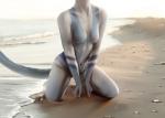 anthro beach blue_body blue_fur detailed_background faceless_character faceless_female female fur grey_body grey_fur kneeling light markings navel nude nude_beach outdoor_nudity outside rock sand scenery sea seaside solo tail water medaya unknown_species 2019 lighting