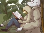 background_shot book female gun hoang_(dingodeptrai) in_tree male male/female plant ranged_weapon reading reading_book romantic romantic_couple tree weapon dingodeptrai gaffie_(dingodeptrai) canid canine canis domestic_dog humanoid mammal wolf 4:3 hi_res