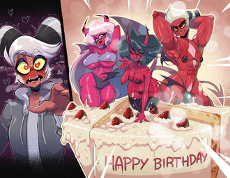 abs areola areola_slip biceps big_breasts big_bulge birthday birthday_cake blowing_kiss blush bodily_fluids breasts bulge cake choker clothed clothing dessert drooling eyelashes female food glistening glistening_body glistening_eyelids group hands_behind_head happy_birthday heart_pasties heart_pupils horn jewelry legwear long_eyelashes male motion_lines muscular muscular_male necklace nipple_outline nipple_tape not_furry one_eye_closed pasties pasties_only pecs piercing pink_body pink_skin pop_out_cake red_body red_skin saliva serratus spade_tail striped_horn stripes sweat tail tape tear_trough thigh_highs thong thong_only topless under_boob underwear underwear_only v-cut wink yellow_sclera stormrayneart hellaverse helluva_boss fan_character jesse_the_bouncer kiki_(helluva_boss) verosika_mayday demon horned_humanoid humanoid imp succubus tailed_humanoid 2025 hi_res