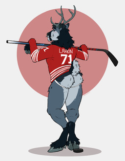 anthro antlers athletic athletic_anthro athletic_male black_body black_fur blue_body blue_fur blush butt clothing cloven_hooves countershade_butt countershade_face countershade_tail countershading facial_piercing fur hockey_puck hockey_stick hooves horn jersey jockstrap looking_at_viewer looking_back looking_back_at_viewer male male_anthro nose_piercing nose_ring piercing raised_tail rear_view ring_piercing shirt simple_background smile solo standing tail teeth topwear underwear labradorszn deer mammal 2025 hi_res