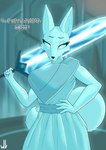 anthro big_breasts big_sword blue_body blue_fur blue_sclera breasts clothing detailed_background female fur glowing glowing_body glowing_fur hand_on_hip looking_at_viewer low-angle_view melee_weapon pupils robe solo sword tail text weapon white_pupils conditional_dnp whitev tunic_(video_game) the_heir_(tunic) canid canine fox mammal 2023 absurd_res character_cipher constructed_script digital_media_(artwork) hi_res signature trunic_text