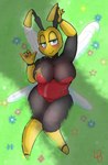 antennae_(anatomy) anthro big_breasts breasts clothing female leather leather_clothing looking_at_viewer overweight overweight_anthro pose simple_background slightly_chubby slightly_chubby_female solo solo_focus thick_thighs wide_hips wings loodboyo banjo-kazooie rareware honey_b._(banjo-kazooie) arthropod bee hymenopteran insect hi_res pinup