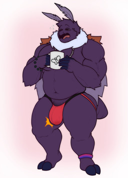 5_fingers antennae_(anatomy) anthro arthropod_abdomen bisexual_pride_colors bodily_fluids bracelet bubble bulge clothing coffee_mug container cup feet fingerless_(marking) fingers fluffy_wings genitals holding_container holding_cup holding_mug holding_object jewelry jockstrap lgbt_pride male mug muscular muscular_male navel neck_tuft necklace onomatopoeia open_mouth penis penis_base pride_colors purple_body purple_wings solo sound_effects tail tears text tired toes tongue tuft underwear white_tuft wings yawn dvzk lgbt_pride_month arthropod insect lepidopteran moth absurd_res hi_res