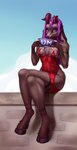 anthro beverage breasts brown_body clothed clothing container crossed_legs cup female genital_shot genitals hair horn inner_ear_fluff markings purple_eyes purple_hair pussy pussy_shot red_clothing simple_background sitting small_breasts solo tea tuft sataantoris bovid caprine caprine_demon demon goat goat_demon mammal absurd_res digital_media_(artwork) hi_res