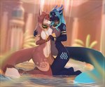 5_fingers anthro breasts clothed clothing detailed_background duo eyebrows eyelashes female female/female fingers horn kneeling navel smile tail water dafka chessie_(shycyborg) canid canine hybrid mammal 2021 absurd_res digital_media_(artwork) hi_res