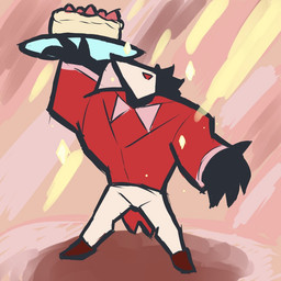 black_body bottomwear cake clothing dessert food footwear male mask pants plate red_clothing red_shirt red_topwear shirt shoes simple_background solo suit topwear zephyrchill deltarune undertale_(series) avian darkner swatchling 1:1 2021