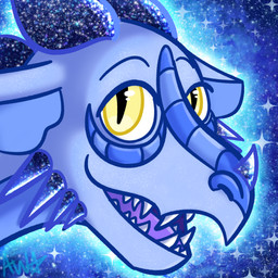 ambiguous_gender blue_body curved_horn facial_spikes feral horn nebula open_mouth pink_tongue smile smiling_at_viewer solo space sparkles spikes spikes_(anatomy) star tongue yellow_eyes floofybeanie european_mythology mythology aster_(astral_wings) dragon mythological_creature mythological_scalie scalie western_dragon 1:1 absurd_res hi_res icon