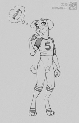 animal_genitalia anthro balls bottomless candy clothed clothing dessert eyebrows fingers food fur genitals iris legwear lollipop male pupils sheath shirt text thought_bubble topwear young young_anthro zaush tommy_(zaush) canid canine canis domestic_dog mammal 2025 absurd_res full-length_portrait hi_res monochrome pictographics portrait url