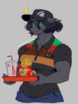 anthro baseball_cap blush clothing constricted_pupils container cup emanata fast_food female fingers food fries green_eyes grey_body hat headgear headwear holding_tray looking_at_viewer muscular muscular_anthro muscular_arms muscular_female pupils serving_tray small_pupils snaggle_tooth solo uniform inugatami burger_king ayla_(inugatami) canid canine canis mammal wolf 2023 3:4 digital_media_(artwork) hi_res