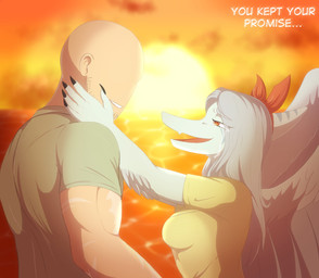anthro bald beard biped blue_body bodily_fluids bone_frill canon_couple clothed clothed_anthro clothed_female clothed_human clothed_male clothing cloud crying detailed_background dress duo elbow_feathers facial_hair feathered_wings feathers female frill_(anatomy) green_clothing green_shirt green_topwear grey_body grey_feathers grey_hair hair half-closed_eyes hand_on_cheek happy human_on_anthro interspecies kerchief long_hair male male/female markings muscular muscular_human muscular_male narrowed_eyes open_mouth open_smile outside red_kerchief romantic romantic_couple scar shirt side_view sky smile striped_markings stripes sun sunset tears tears_of_joy text topwear water wings yellow_clothing yellow_dress veisz_stories cavemanon_studios goodbye_volcano_high ko_op_(game_developer) snoot_game anon_(snoot_game) fang_(gvh) human mammal prehistoric_species pterosaur reptile scalie 2025 absurd_res colored english_text hi_res shaded