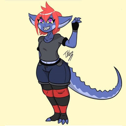 3_toes 4_fingers anthro blue_body bottomwear breasts clothing feet female fingers hair legwear medium_breasts navel non-mammal_breasts non-mammal_navel purple_eyes red_hair shirt shorts solo stockings tail toes topwear tibbs mythology star_(tibbs) dragon mythological_creature mythological_scalie scalie 1:1