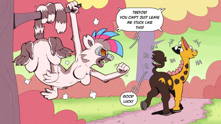 after_transformation antlers breasts brown_body brown_fur cloven_hooves dialogue dirt_path eyewear fangs fur gender_transformation glasses grass hooves horn implied_transformation laughing_at_another mask orange_sclera pink_nose plant shaking_fist sharp_teeth speech_bubble teeth text transformation tree wearing_glasses wearing_mask yelling yelling_at_another yellow_body yellow_fur trevor-fox nintendo pokemon kyp_(character) trevor-fox_(character) generation_2_pokemon girafarig lemur mammal pokemon_(species) primate strepsirrhine taur english_text hi_res