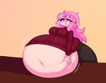 belly big_belly big_breasts big_butt bodily_fluids bottomwear breasts butt clothing drooling female hair huge_belly huge_butt huge_thighs humanoid_pointy_ears hyper hyper_belly navel not_furry open_mouth overweight overweight_female overweight_humanoid pants pink_hair pointy_ears red_eyes saliva solo standing stuffing sweater thick_thighs topwear mysterydad elise_(mysterydad) humanoid vampire hi_res