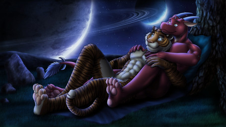 4_toes abs anthro bedding biceps blue_eyes brown_body brown_fur brown_stripes claws countershading cuddling detailed_background duo eye_contact feet fingers fur grabbing grass green_eyes hand_on_chest hindpaw horn hug looking_at_another lying male male/male markings moon multicolored_body multicolored_fur muscular muscular_anthro muscular_male night nipples nude on_back orange_body orange_fur outside pawpads paws pecs pillow pink_nose pink_pawpads plant red_body red_scales red_skin rock romantic romantic_couple scales sky smile space star starry_sky striped_body striped_fur stripes tail tail_tuft toe_claws toes tree tuft white_body white_fur dream_and_nightmare european_mythology mythology cirez night_(dream_and_nightmare) dragon felid mammal mythological_creature mythological_scalie pantherine scalie tiger western_dragon 16:9 detailed hi_res widescreen